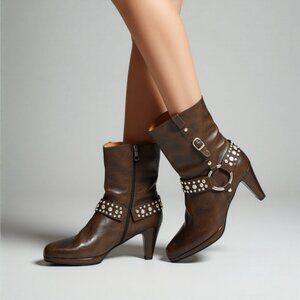 Frye Cowgirl Western Biker Moto Brown Leather Harness Stud Dress Heels Boots 6.5